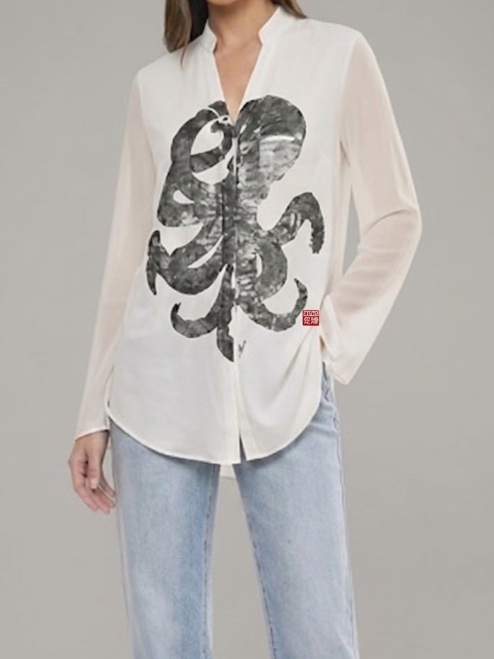 Rare Helmut Lang Hand-Painted Octopus Shirt White Silk/Cotton Size M Art Seal